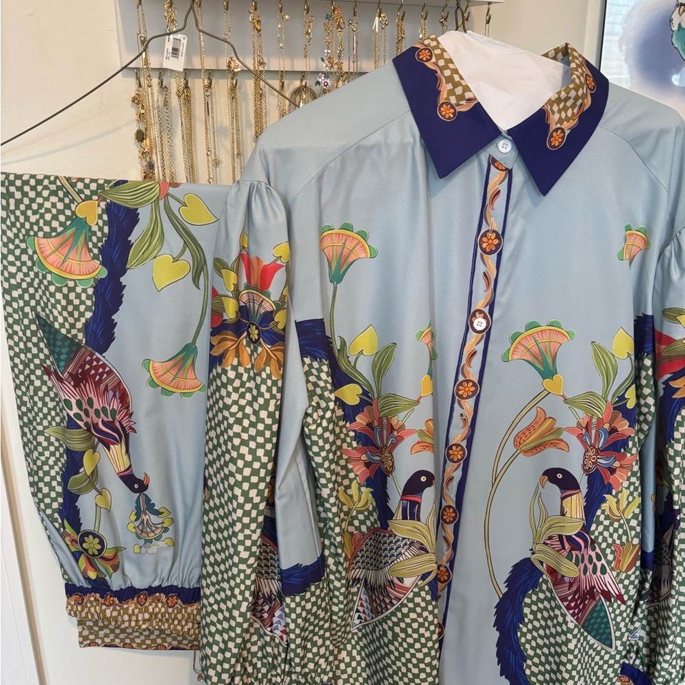 Floral Bird Print Light Blue Pantsuit Top